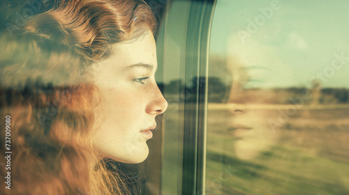 Teenage redhead gazing out of a train window, her reflection merging with the passing pastoral landscape, epitomizing wanderlust in a pastel-toned world