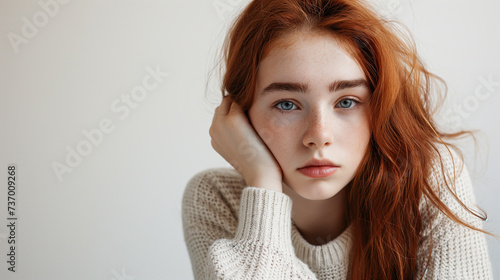 Gentle portrait of a pensive young girl with auburn hair, draped in a pastel sweater, her contemplative gaze evoking a sense of dreaminess against a soft pastel backdrop © XaMaps