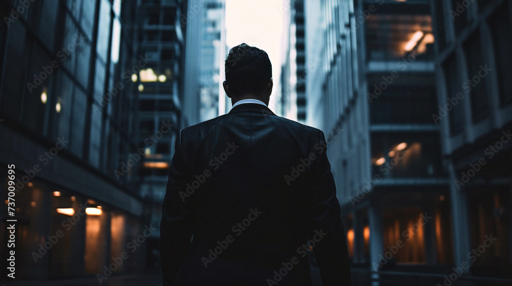 person walking in the street. Business photo composition, simple business background. Generative AI