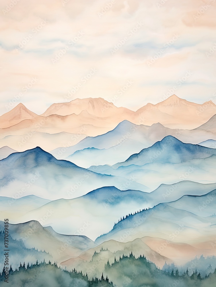 Muted Watercolor Mountain Ranges: Coastal Serenity Muted Watercolor Mountain Ranges: Coastal Serenity
