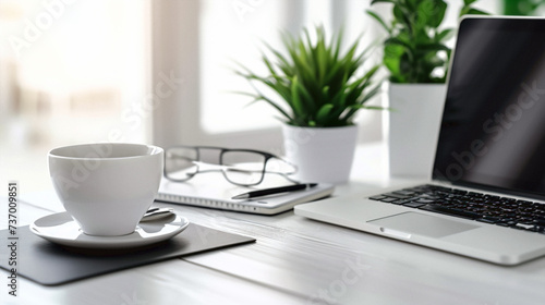 coffee cup and laptop. Business photo composition, simple business background. Generative AI