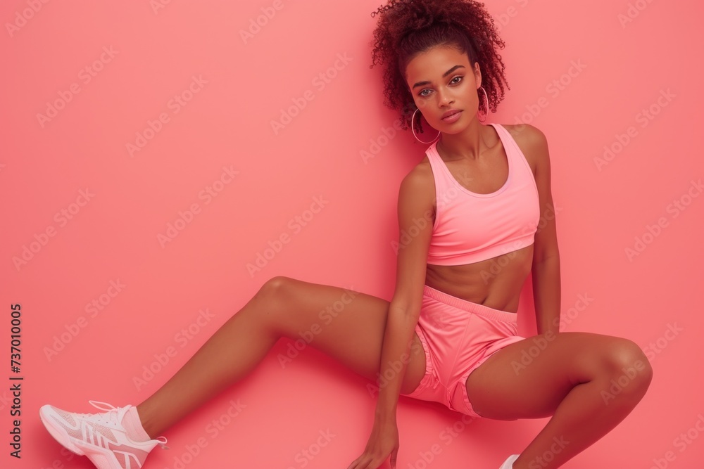 African american woman with a good figure Wear fitness clothes and do aerobic exercise. Happy smile with fitness and sports motivation concept.