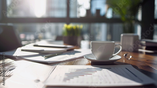 cup of coffee and laptop. Business photo composition, simple business background. Generative AI