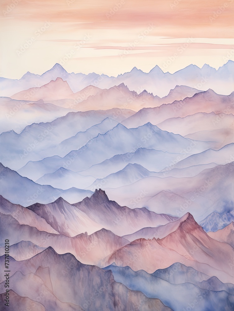 Dawn's Muted Watercolor: Peak-Lit Mountain Ranges Painting