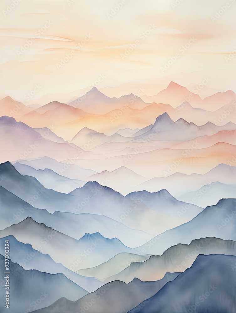 Serene Start: Muted Watercolor Mountain Ranges at Dawn in the Hills