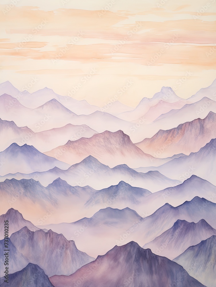Muted Watercolor Mountain Ranges: Dawn Painting of Sunrise Peaks