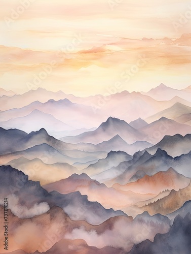 Muted Watercolor Mountain Ranges: First Light on Soft Peaks at Dawn