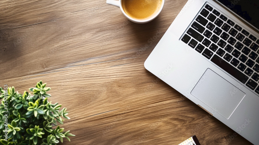 laptop on wooden table. Business photo composition, simple business background. Generative AI laptop on wooden table. Business photo composition, simple business background. Generative AI