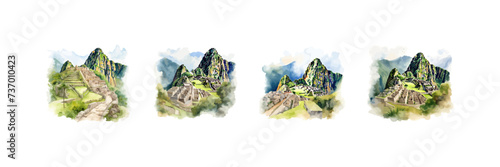 Machu Picchu landscape watercolor set. Vector illustration design. photo