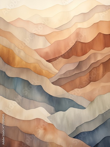 Muted Earth Tone Watercolor Mountain Ranges - Captivating & Serene Art