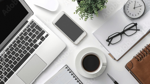 office desk with laptop. Business photo composition, simple business background. Generative AI