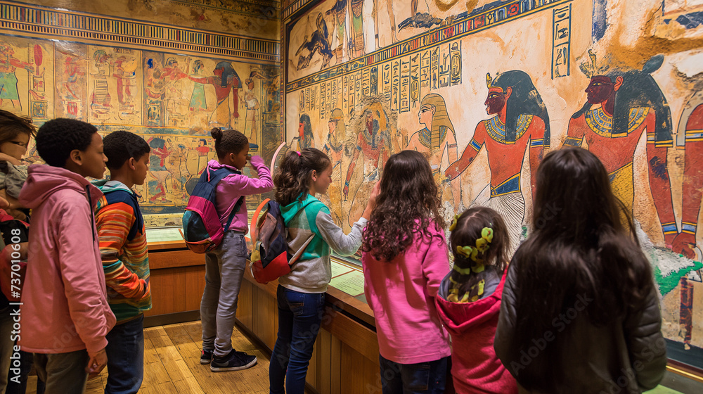 Class trip exploring an Egyptian exhibit, students dressed as pharaohs and scribes for immersive learning