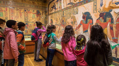 Class trip exploring an Egyptian exhibit, students dressed as pharaohs and scribes for immersive learning photo