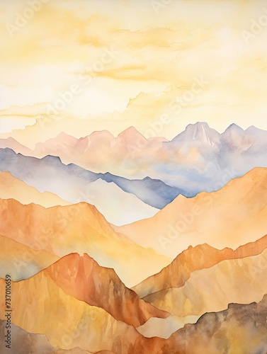 Golden Hour Glow  Muted Watercolor Mountain Ranges Art