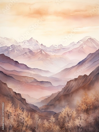 Muted Golden Hour: Watercolor Mountain Ranges in Soft Light