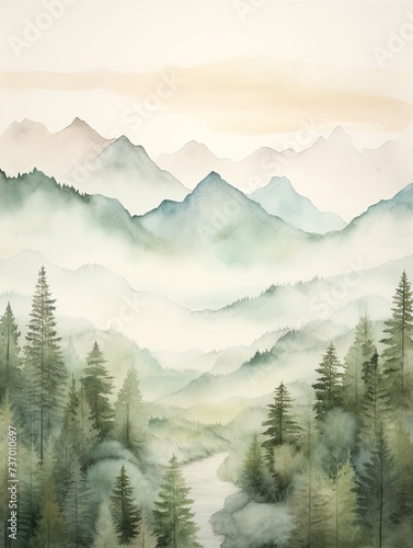 Muted Watercolor Mountain Ranges: Serene Isle Artwork