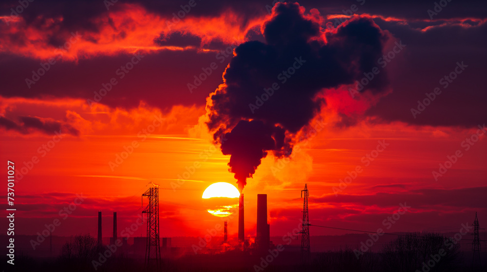 Dramatic sunset behind an energy facility with emissions backlit by the dying light, emphasizing the contrast between industry and nature