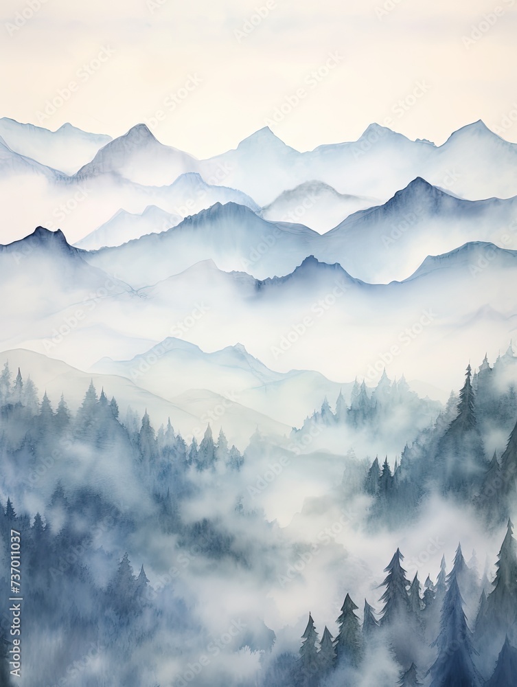 Muted Watercolor Mountain Ranges: Morning Mist Art_Foggy Mountainscape