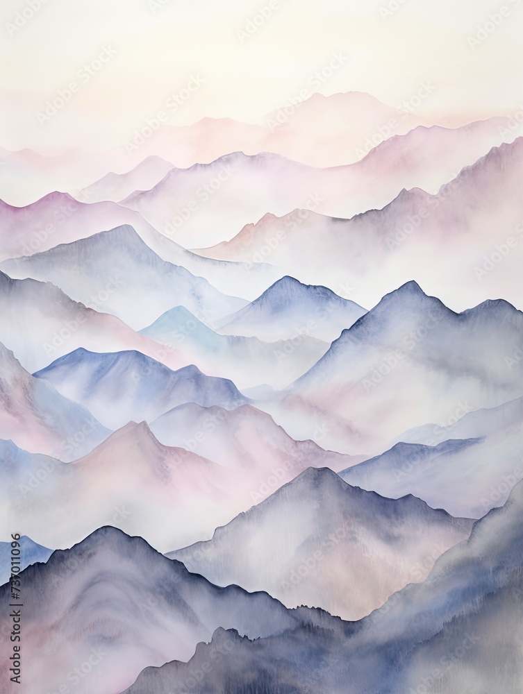 Muted Watercolor Mountain Ranges: Morning Mist Painting of Foggy Pastel Peaks.