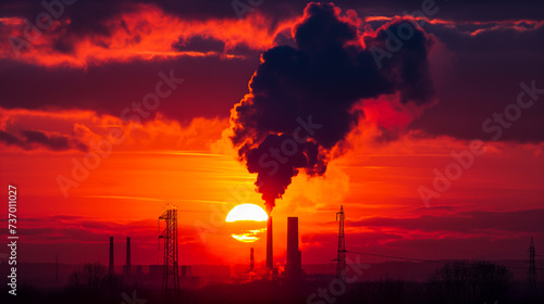 Dramatic sunset behind an energy facility with emissions backlit by the dying light, emphasizing the contrast between industry and nature