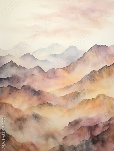 Muted Watercolor Mountain Ranges: Morning Mist Art in Foggy Mountainscape