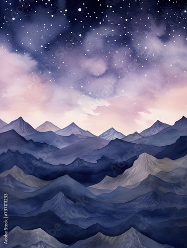 Muted Watercolor Mountain Ranges: Night Sky Artwork with Stars Over Pastel Mountains © Michael