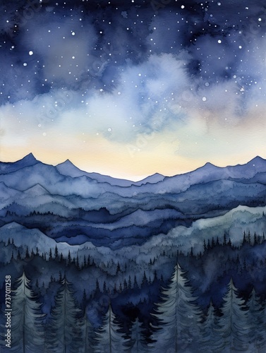 Muted Watercolor Mountain Ranges: Night Sky Silhouettes in Art