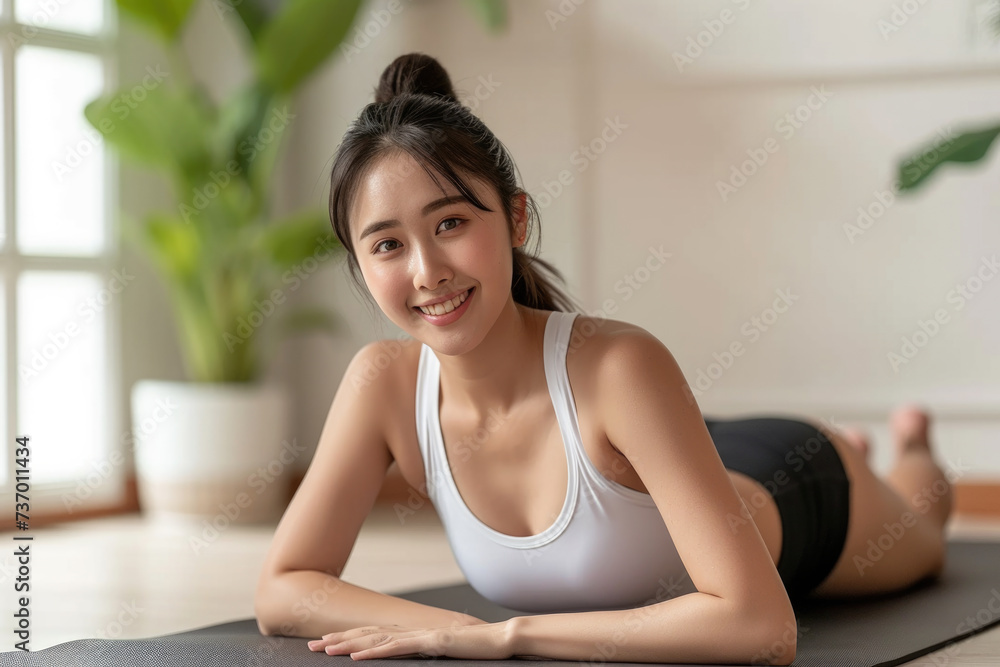 Woman laying on yoga mat with smile on her face. Suitable for wellness and relaxation concepts