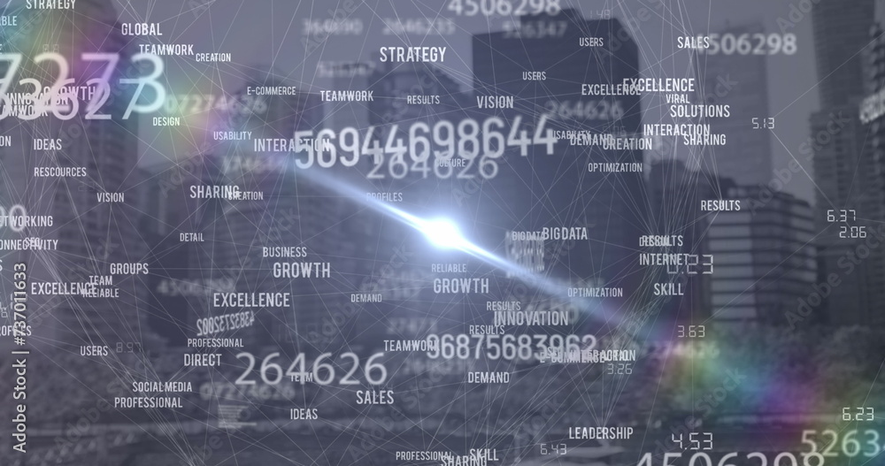 Obraz premium Image of data processing and numbers over cityscape