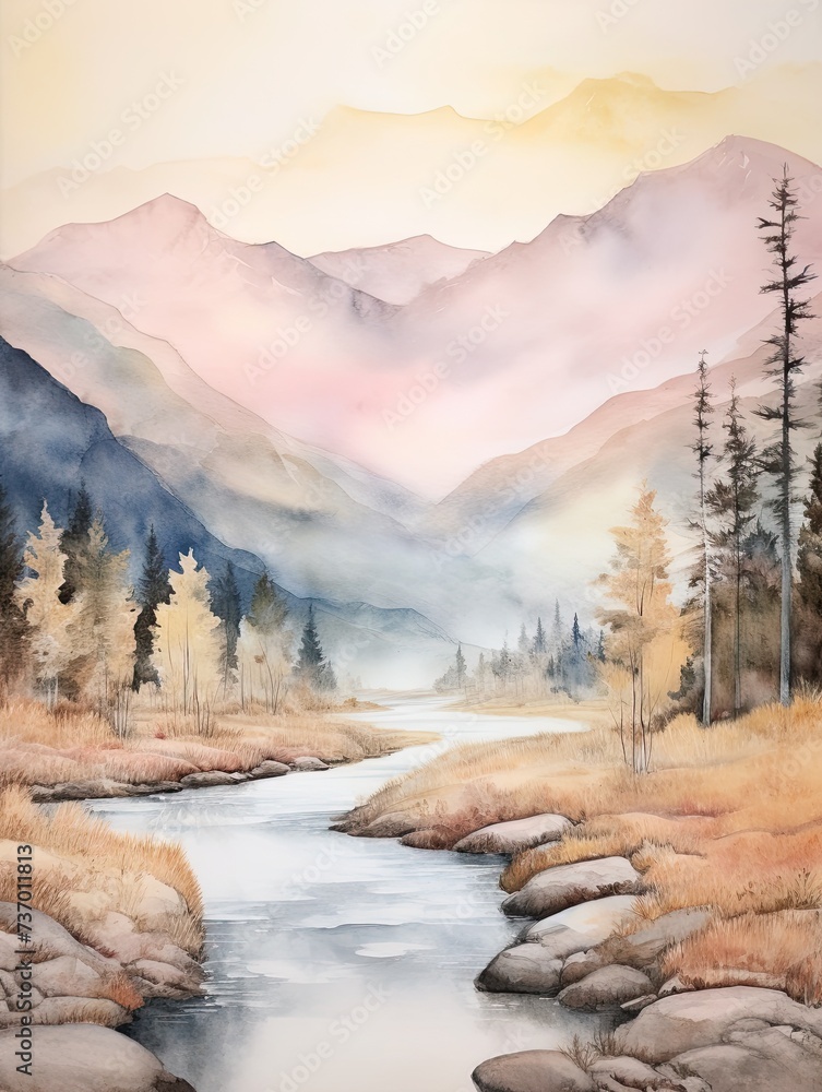 Muted Watercolor Mountain Ranges Riverside Painting: Soft Rivers Through Majestic Peaks