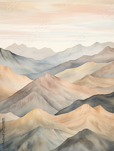 Muted Watercolor Mountain Ranges: Serene Print of Rolling Hills, Gentle Slopes, and Peaks