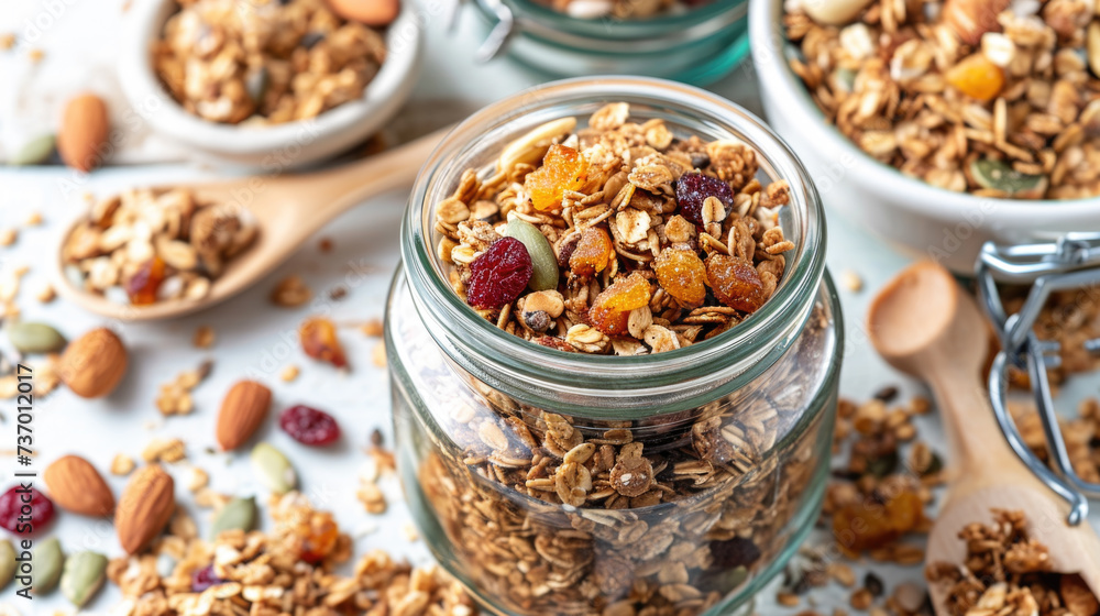 Glass jar filled with delicious mix of granola and nuts. Perfect for healthy breakfast or snack option Glass jar filled with delicious mix of granola and nuts. Perfect for healthy breakfast or snack option