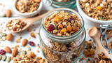 Glass jar filled with delicious mix of granola and nuts. Perfect for healthy breakfast or snack option