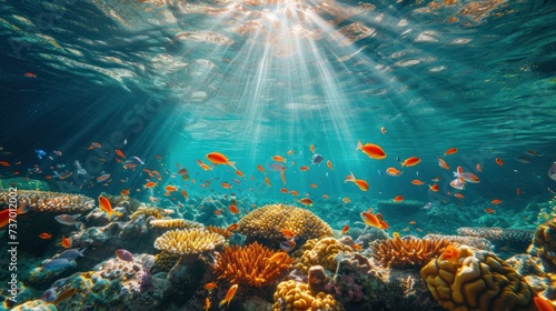 Vibrant underwater seascape with tropical fish swimming around a sunlit coral reef, showcasing marine biodiversity. © Tuannasree