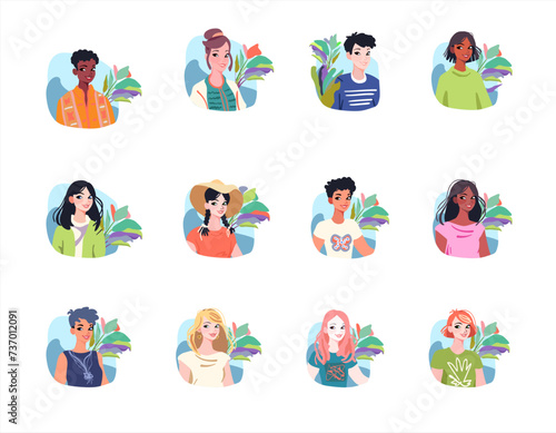 Set cute portraits of happy people on a white background. Cartoon characters woman and man, vector illustration.