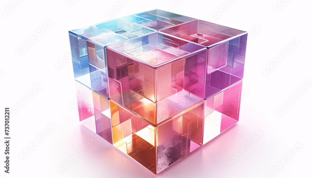 holographic transparent cube with colorful reflections