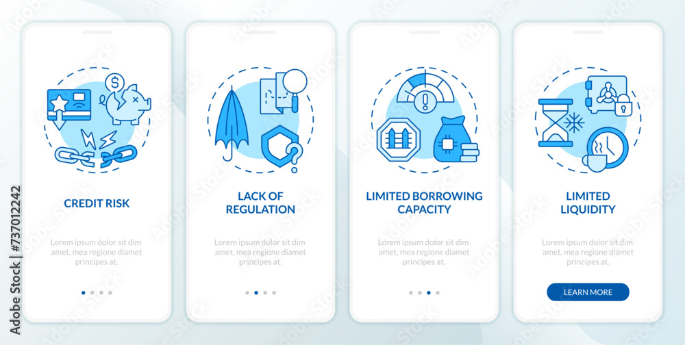 Disadvantages P2P loans blue onboarding mobile app screen. Lending risks walkthrough 4 editable graphic instructions with linear concepts. UI, UX, GUI template. Myriad Pro-Bold, Regular fonts used