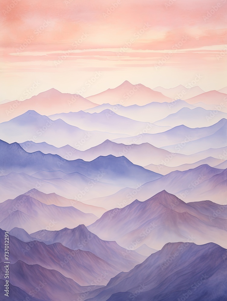 Muted Watercolor Mountain Ranges: Twilight Pastel Landscape