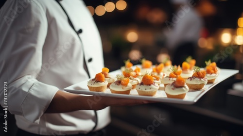 Closeup waiter serving finger food dessert on the tray during a cocktail parties or events catering