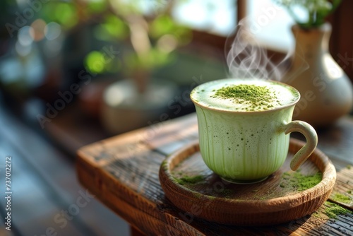 A cup of hot matcha latte or matcha green tea drink on a beautiful wooden table counter.