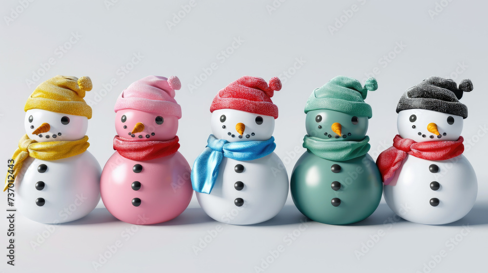 Row of snowmen wearing hats and scarves. Perfect for winter-themed designs and holiday decorations Row of snowmen wearing hats and scarves. Perfect for winter-themed designs and holiday decorations