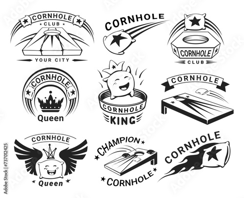 Cornhole sport club championship black retro groovy emblem design template set isometric vector