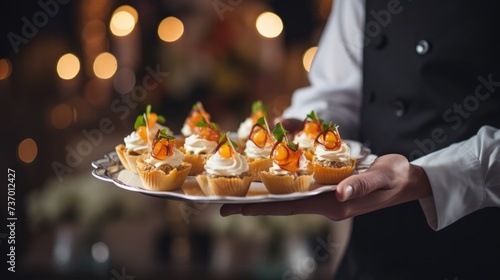 Closeup waiter serving finger food dessert on the tray during a cocktail parties or events catering