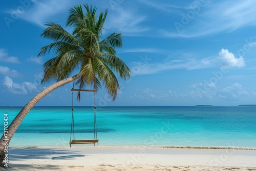 A tree swing chair on a palm tree with the turquoise beach on the back ground © เลิศลักษณ์ ทิพชัย