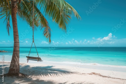 A tree swing chair on a palm tree with the turquoise beach on the back ground © เลิศลักษณ์ ทิพชัย