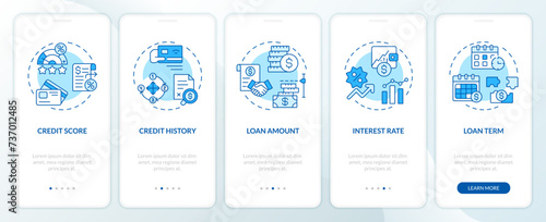 Essential lending elements blue onboarding mobile app screen. Peer-to-peer walkthrough 5 editable graphic instructions with linear concepts. UI, UX, GUI template. Myriad Pro-Bold, Regular fonts used