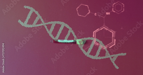 Image of chemical structures and dna strand over hand with test tube