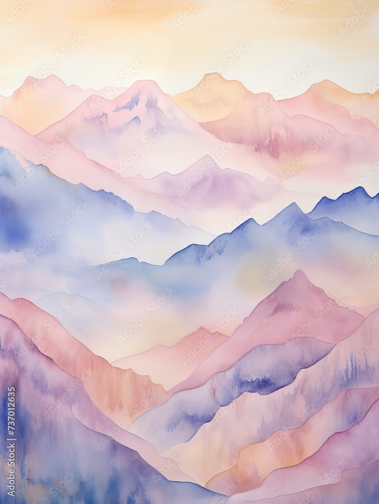 Muted Watercolor Mountain Ranges: Vibrant Landscape with Soft Mountains