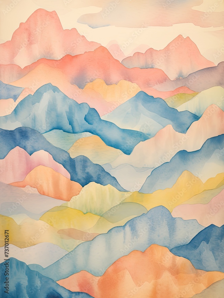 Muted Watercolor Mountain Ranges: Vibrant Painting of a Lively Mountain Scene