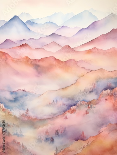 Muted Watercolor Mountain Ranges: Vibrant and Lively Painting of a Muted Mountain Scene